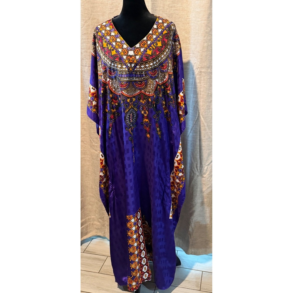 Ashro‎ Purple Satin Kaftan Gown Ornate Dashiki Print Maxi Dress Free Size